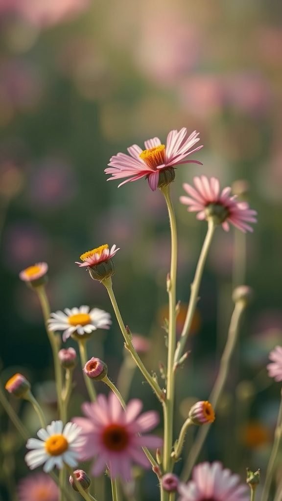 A close-up of pink and white wildflowers in soft focus, capturing the essence of spring.