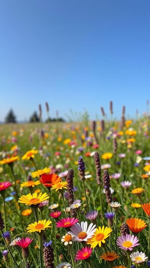 A colorful wildflower meadow with various flowers blooming under a clear blue sky.