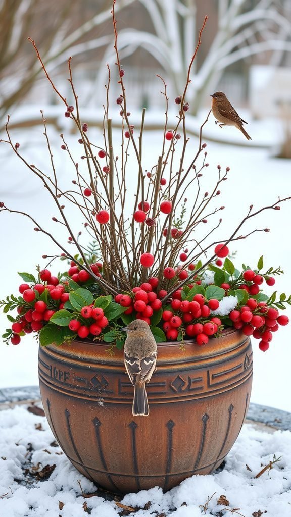 A winter planter filled with red berries and twigs, with a bird perched on the side, set against a snowy background.