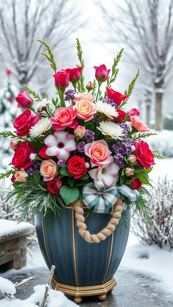 Colorful winter floral arrangement in a stylish planter with red and pink roses, white daisies, and green foliage, set against a snowy background.