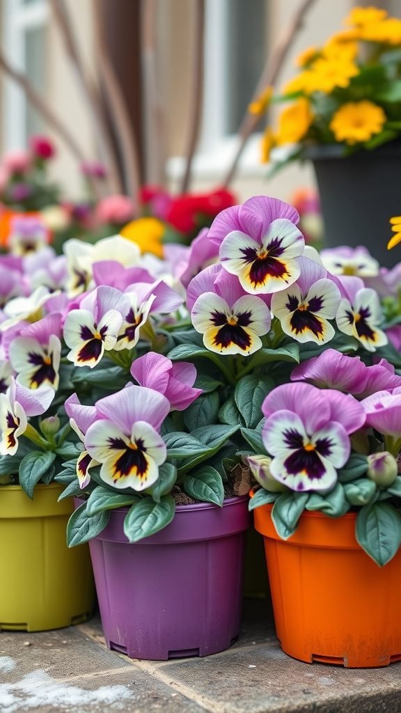Colorful winter pansies in various pots