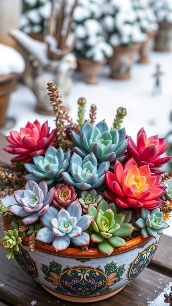 A colorful succulent arrangement in a decorative pot, set against a snowy background.