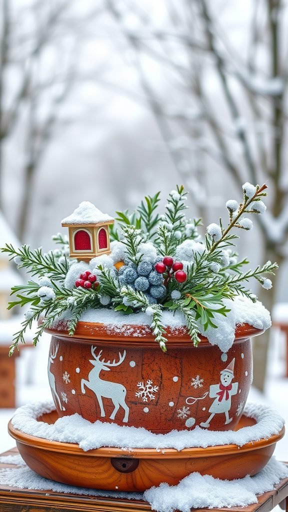 A winter planter decorated with snow, green branches, and a tiny red-roofed house.
