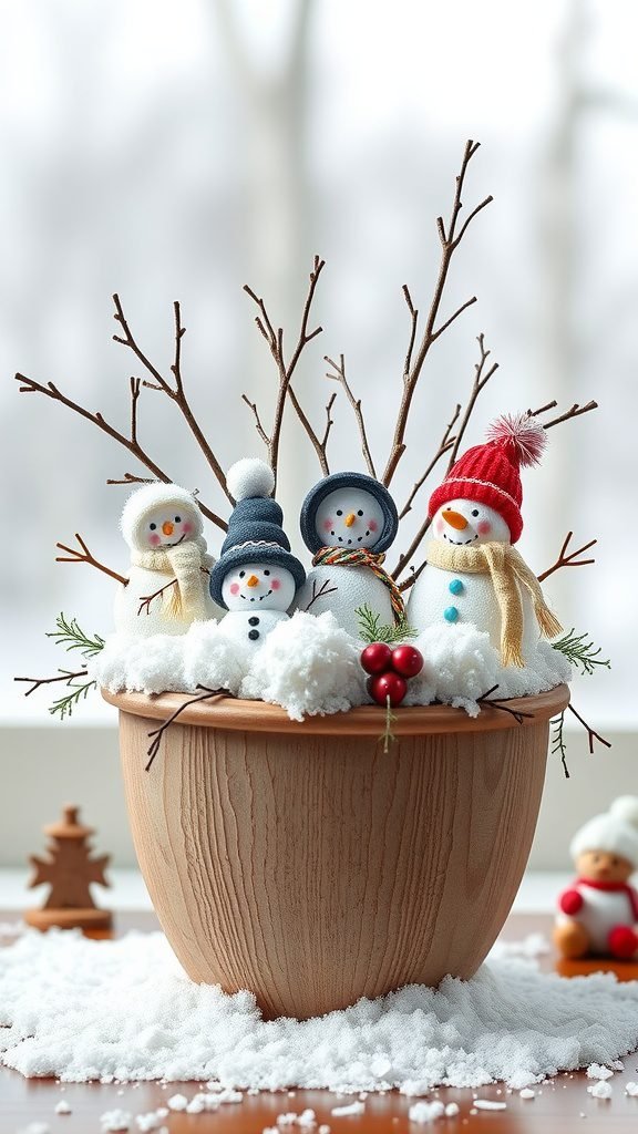 A winter-themed planter with snowmen, twigs, and faux snow.