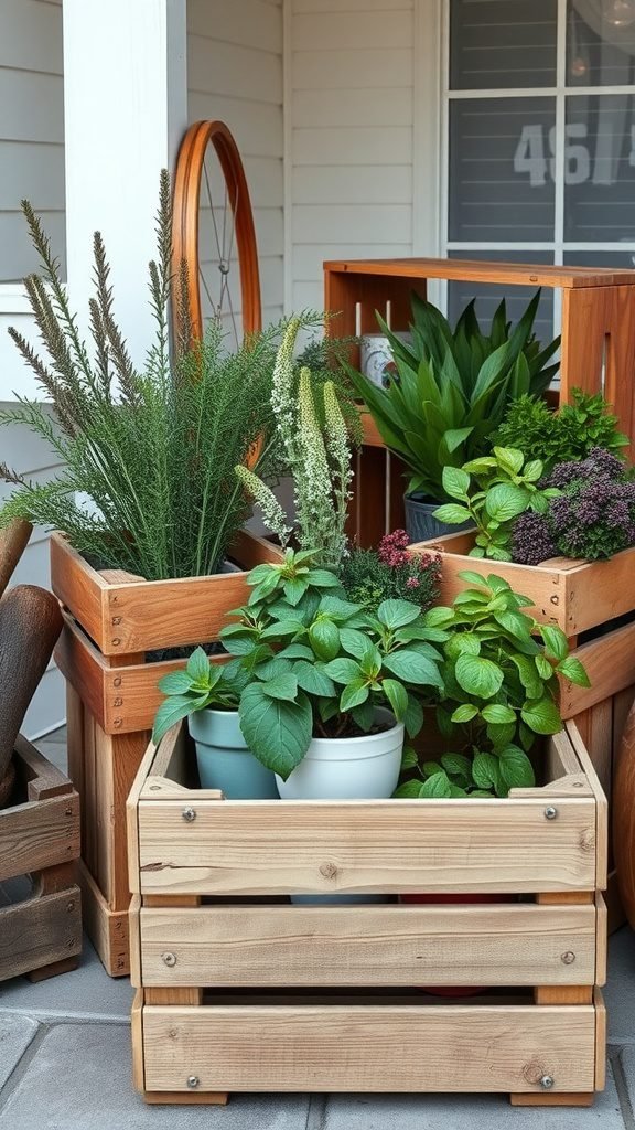 A collection of wooden crate planters filled with lush greenery on a porch.