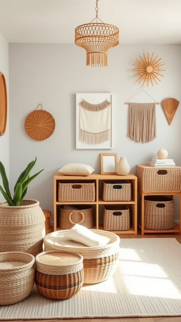 A boho baby room featuring woven baskets for storage with a warm and inviting decor