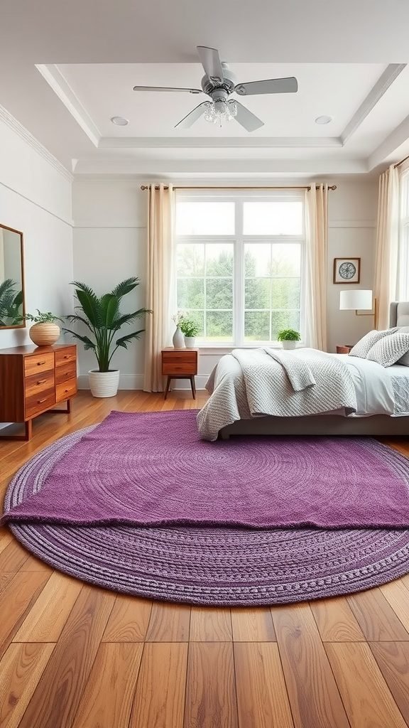 A cozy bedroom featuring a woven purple rug on wooden flooring, a bed with light bedding, and large windows with natural light.