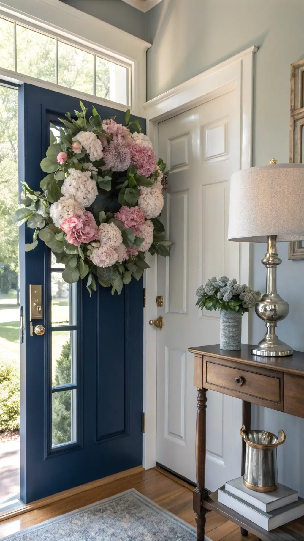 Spring Wreath Magic: A Fresh Take on Door Decor for 2025 Alt text: Entrance foyer with a glossy navy blue door featuring a 22-inch hydrangea wreath in soft pink and white, accented with silver-sage leaves. Brass hardware, vintage console table, and mercury glass lamp visible. Morning light from sidelights creates shadows. Photorealistic image.