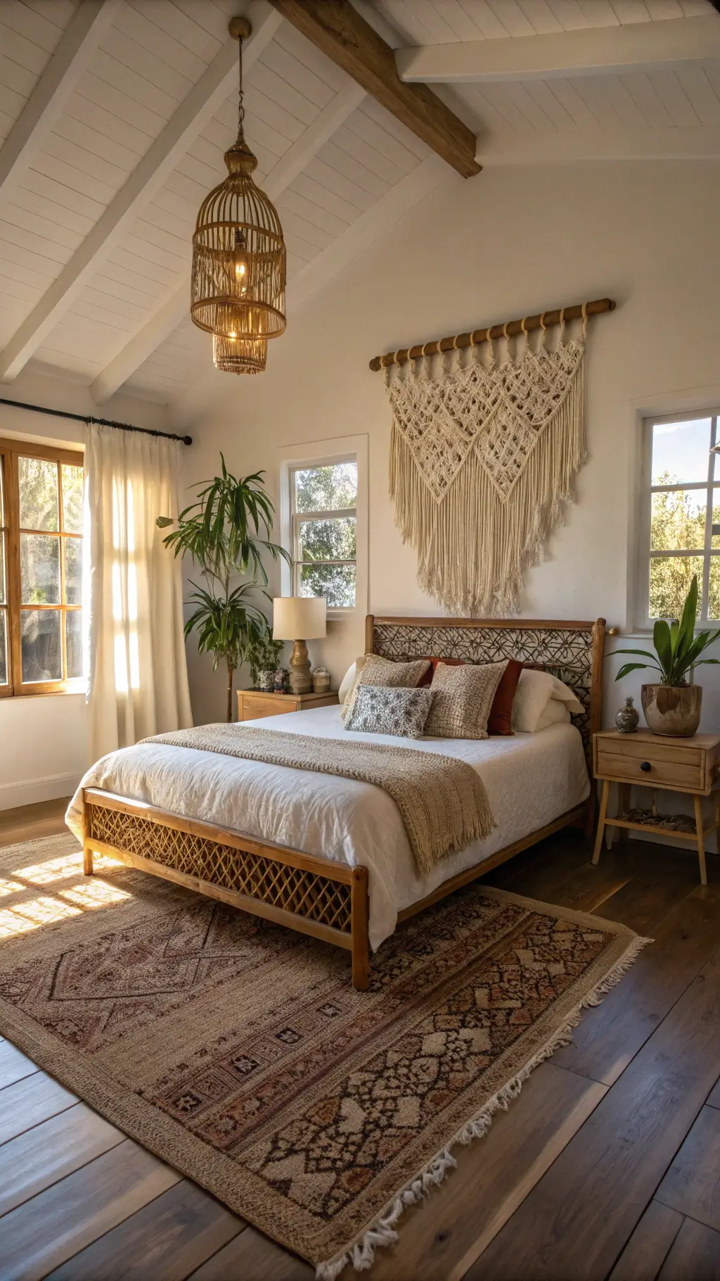 A warmly lit bedroom featuring a rattan platform bed with macramé wall hanging, layered textiles, and overlapping rugs, framed by plants and vintage lighting, captured during golden hour.