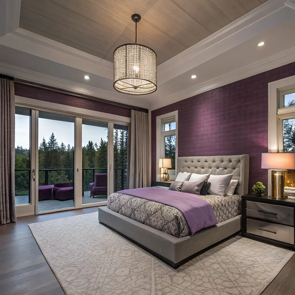 A master bedroom at dusk features a modern platform bed against mauve grasscloth wallpaper, with minimalist pendant lights, gray-purple linens, and geometric throws, framed by dusty purple silk drapes and warm LED lighting.