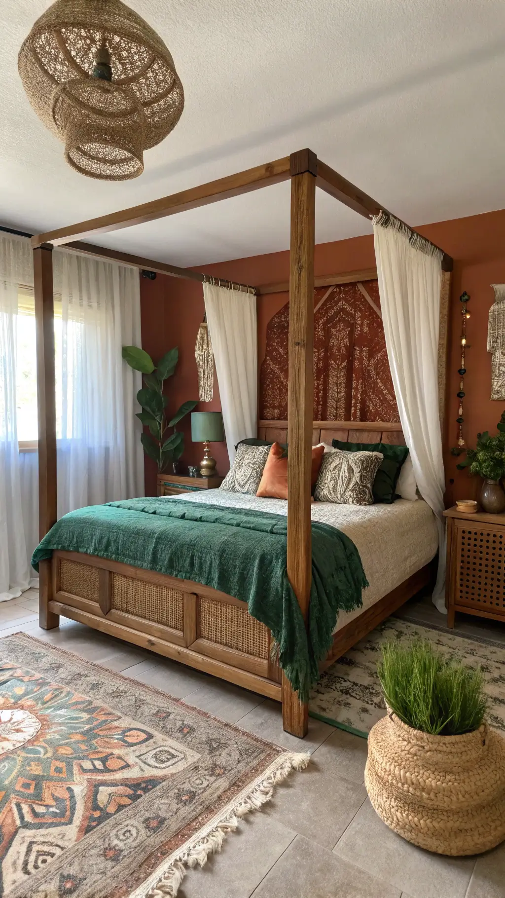 A mid-century modern and boho 12x15ft primary bedroom with a wooden canopy bed, emerald velvet, and copper pillows against a terracotta wall; morning light through linen curtains, vintage Moroccan blanket, and woven baskets.