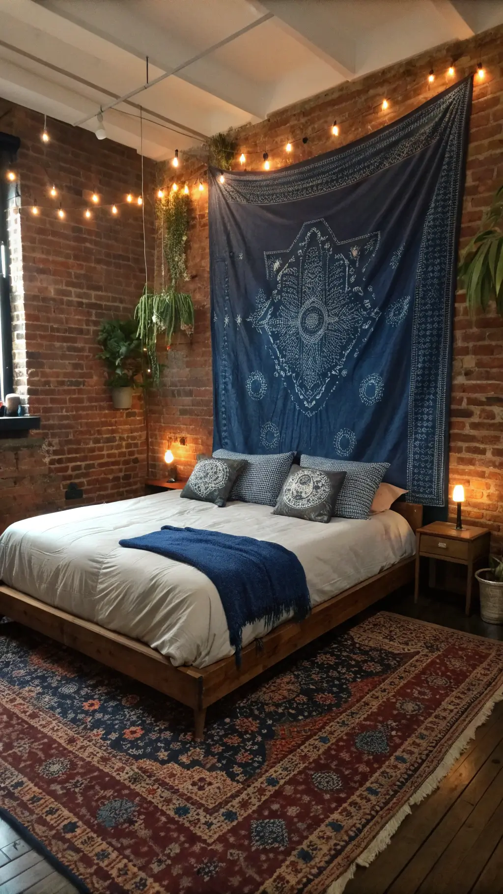 A cozy bedroom with exposed brick walls, featuring an indigo-dyed tapestry as a headboard behind a low platform bed adorned with jewel-toned textiles. Copper string lights and hanging plants create warm, ethereal lighting. An antique Persian rug in burgundy and navy adds elegance, with the scene shot from a corner to capture depth.