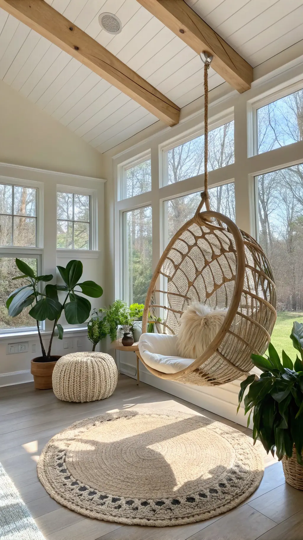 A spacious, well-lit room features a hanging rattan chair adorned with sheepskin near tall windows, surrounded by large fiddle leaf fig plants. A jute rug layered with vintage kilims covers the floor, and macramé plant hangers cast shadows, highlighting the natural light and open ambiance.