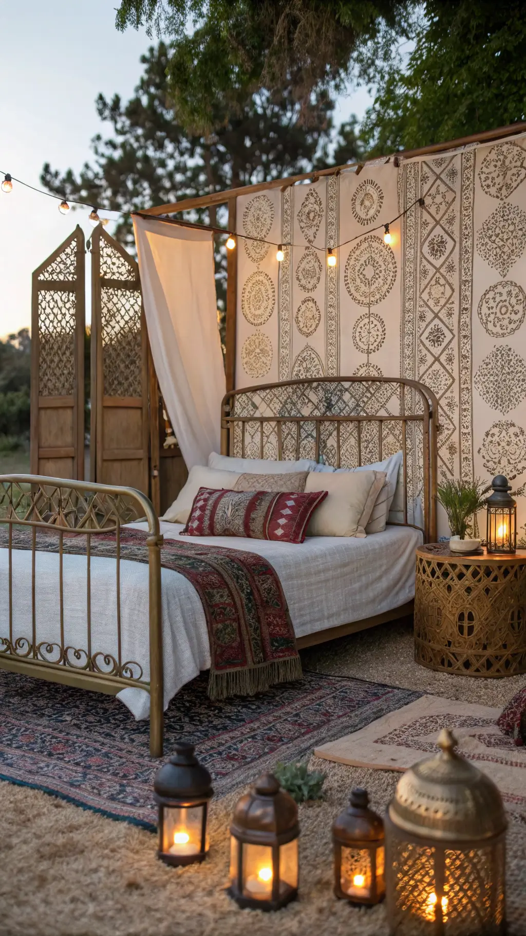 A cozy boho bedroom with tribal print wallpaper, a vintage brass bed adorned with mud cloth pillows, and Turkish lanterns casting ambient light.