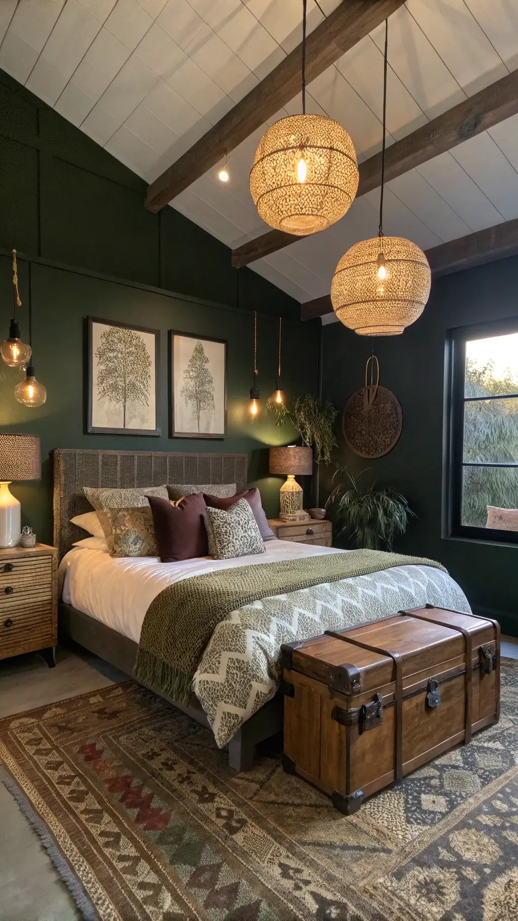 Contemporary bohemian room with olive green walls, platform bed with quilts and cushions, woven pendant lights, vintage trunk nightstand, ceramic lamp, at dusk.