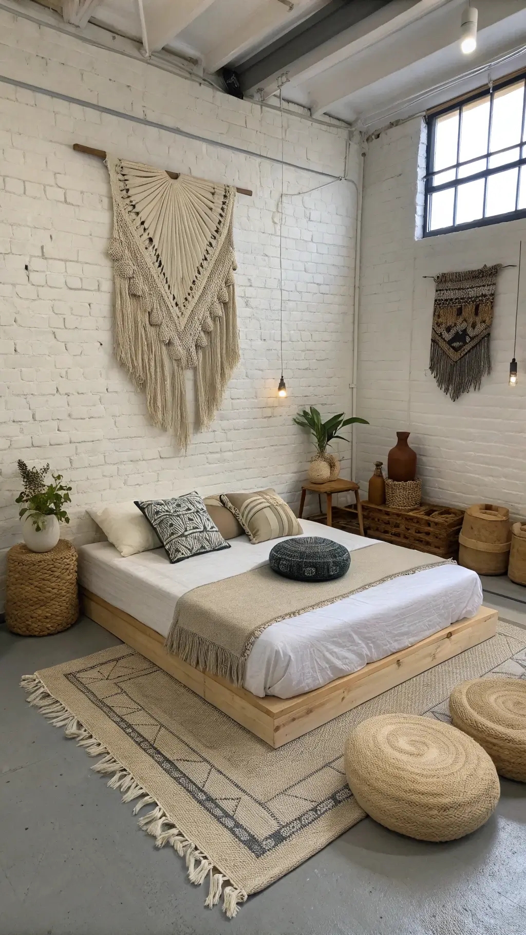 A minimalist boho room with a whitewashed brick wall, featuring a low-profile bed, statement pottery, textile art installations, and a handwoven wall hanging in neutral tones. Scattered meditation cushions add casual comfort, illuminated by soft, diffused blue hour lighting to highlight textures.