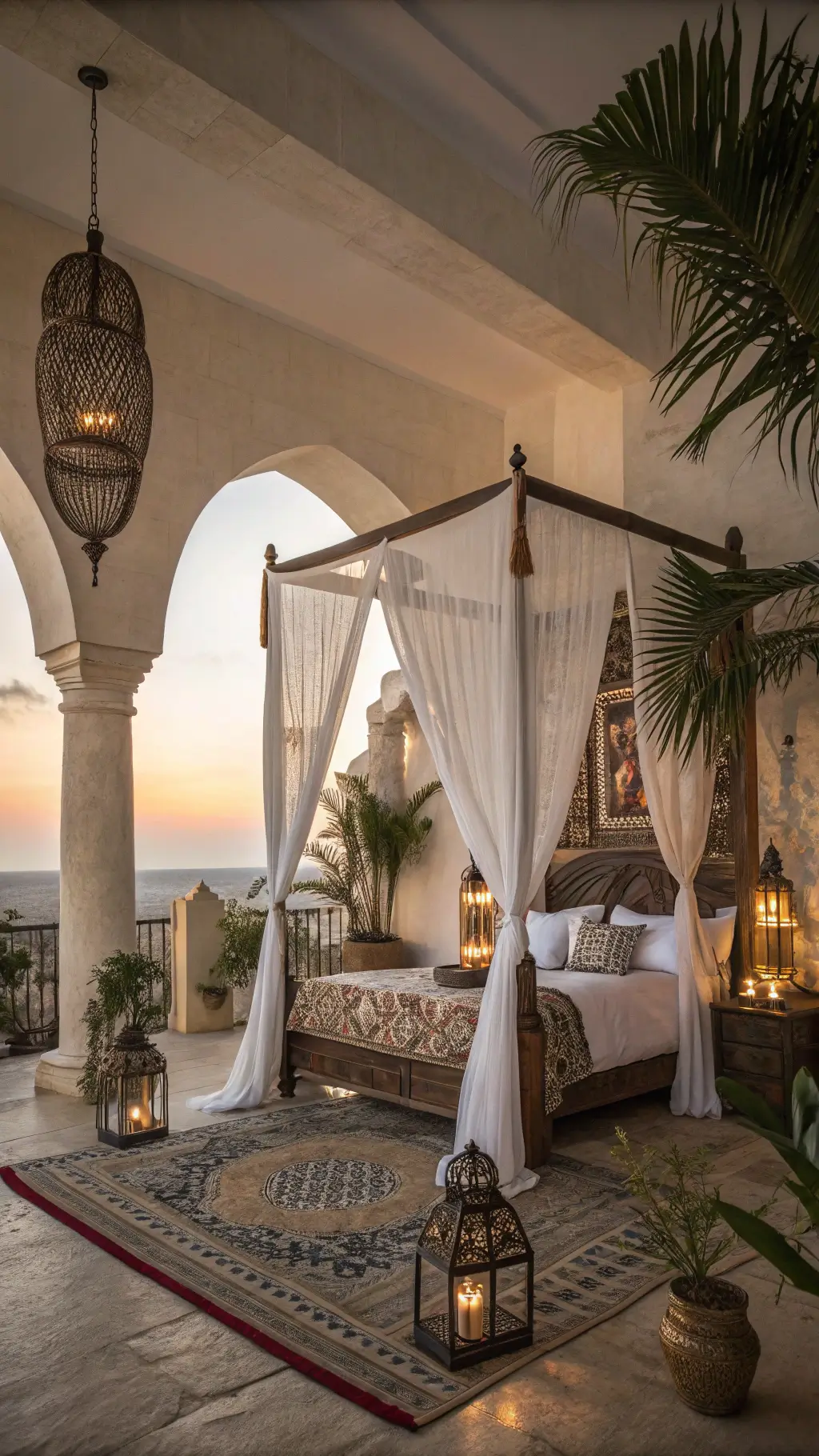 A luxurious bohemian master bedroom featuring a four-poster bed with sheer linens, surrounded by brass floor lanterns, abstract art, tribal textiles, and potted palms, shot during sunset with dramatic shadows.