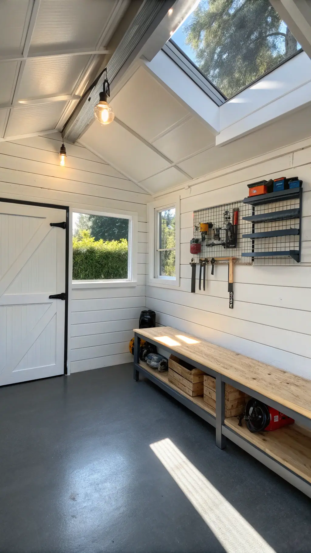 A well-lit 10x12ft shed interior with white shiplap walls, a weathered oak workbench with tools, industrial shelving, and a gray epoxy floor, captured in a warm, inviting atmosphere.