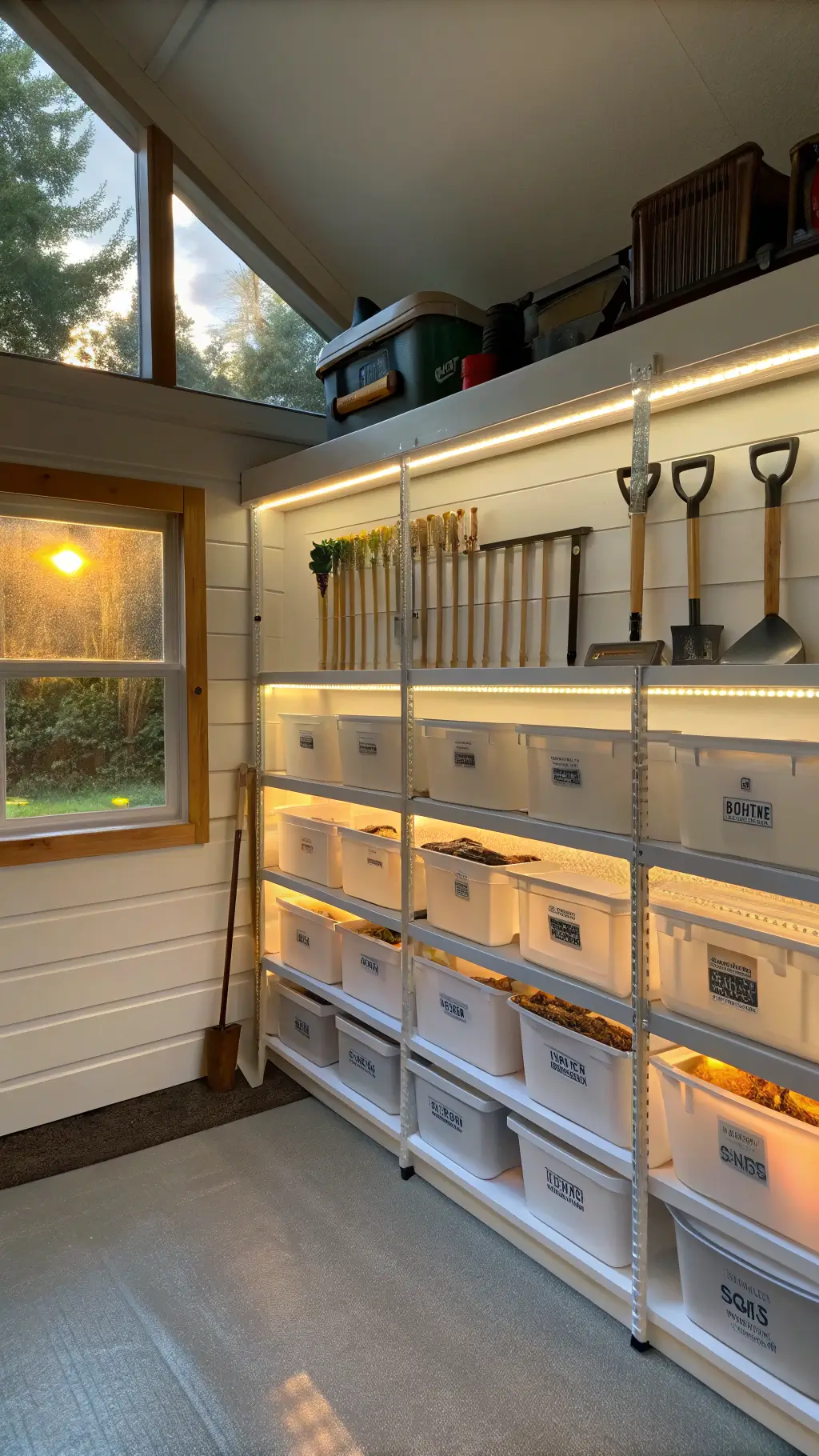 Close-up of a well-organized storage wall in a small shed, bathed in late afternoon light. White metal shelves stretch from floor to ceiling, holding clear labeled bins. Vintage copper garden tools are artistically displayed. LED strips provide soft, cool-toned lighting. Shot from a low angle to emphasize vertical space.