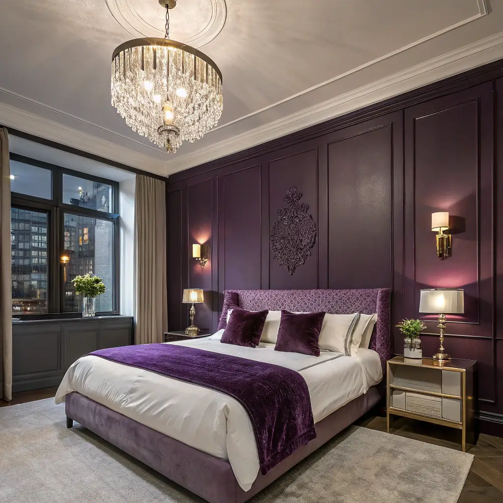 A luxurious 15x17ft bedroom at twilight with a dramatic plum accent wall and panel molding, featuring a crystal-and-brass chandelier casting moody shadows. The California king bed is dressed in white sateen sheets, topped with an aubergine velvet comforter and metallic purple throw pillows. Mirrored nightstands reflect ambient lighting from mercury glass table lamps, with dramatic uplighting emphasizing the wall textures, all shot from a corner angle to capture the room's architectural details and the bed's grandeur.