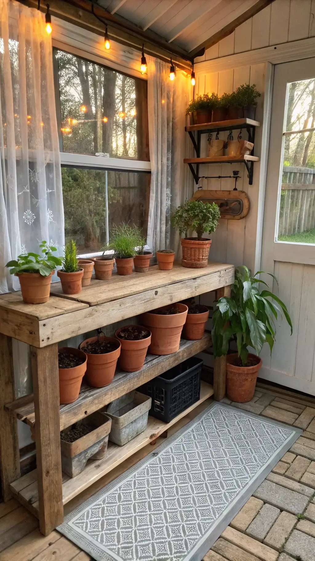 A cozy potting station in a 6x6ft corner, captured at a Dutch angle. A rustic wooden potting bench sits beneath a window with botanical print curtains. Morning light creates dappled shadows through plant leaves. Terra cotta pots are neatly arranged on distressed metal shelving. The floor is covered with a waterproof gray indoor/outdoor rug featuring a geometric pattern, and the scene is warmly lit with task lights.
