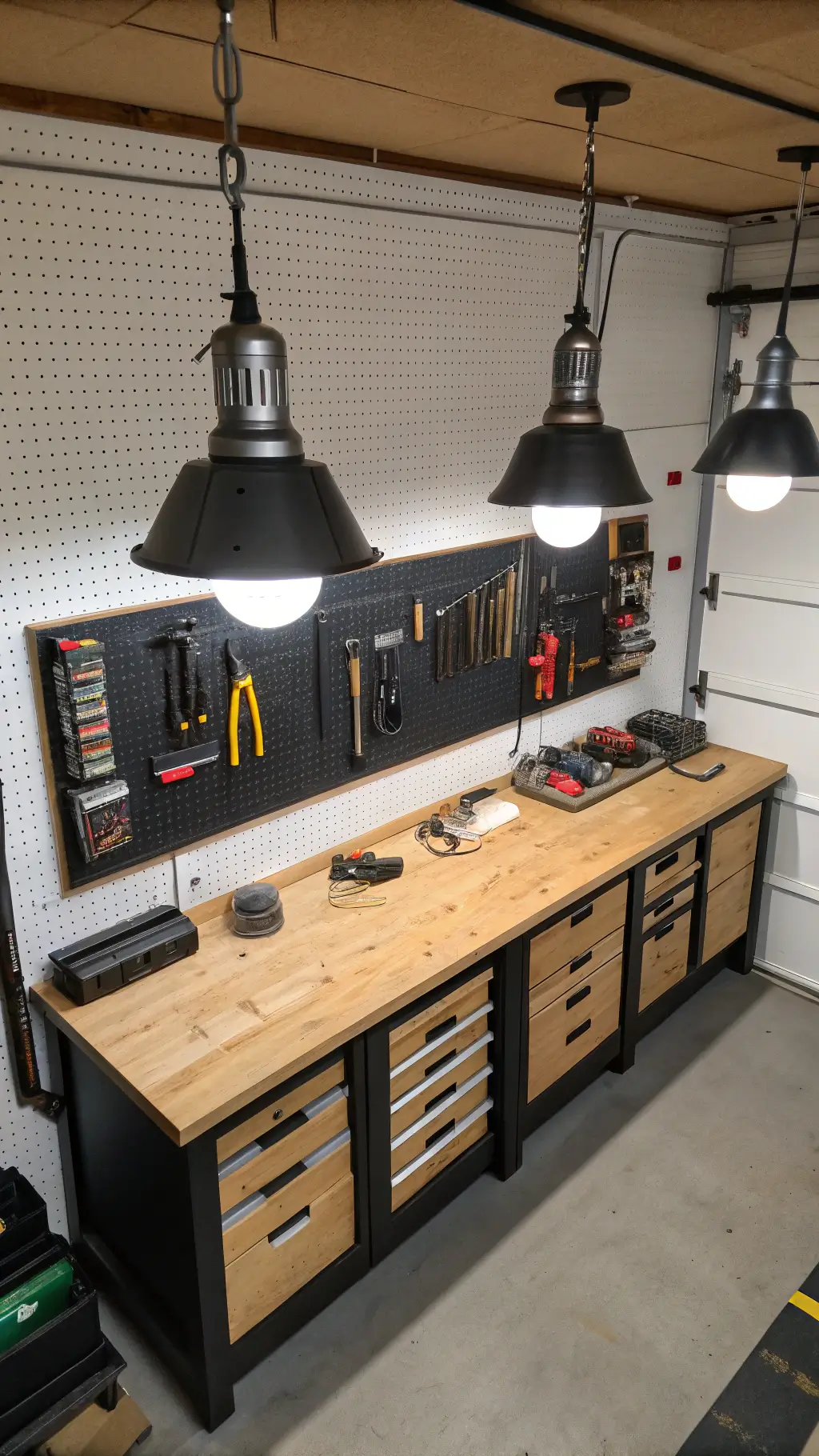 Elevated view of a professional workshop with illuminated wooden workbench, organized tools on a pegboard wall, and LED strips under storage racks.