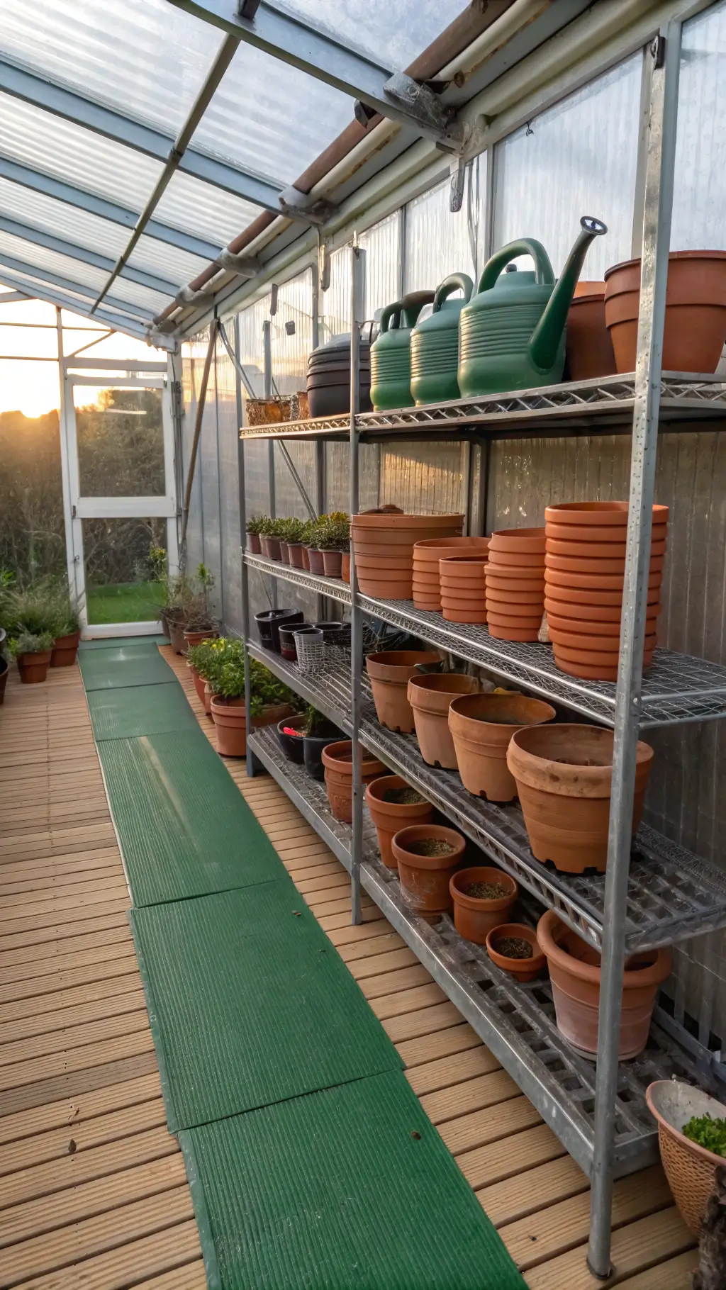 A garden supply area with diffused afternoon light coming from a solar tube illuminates galvanized metal shelves filled with terra cotta pots and garden supplies. Floating shelves display a collection of vintage watering cans. The space features moisture-resistant bamboo flooring with a green indoor/outdoor runner adding color. Wide-angle perspective showcases the room's spatial organization.
