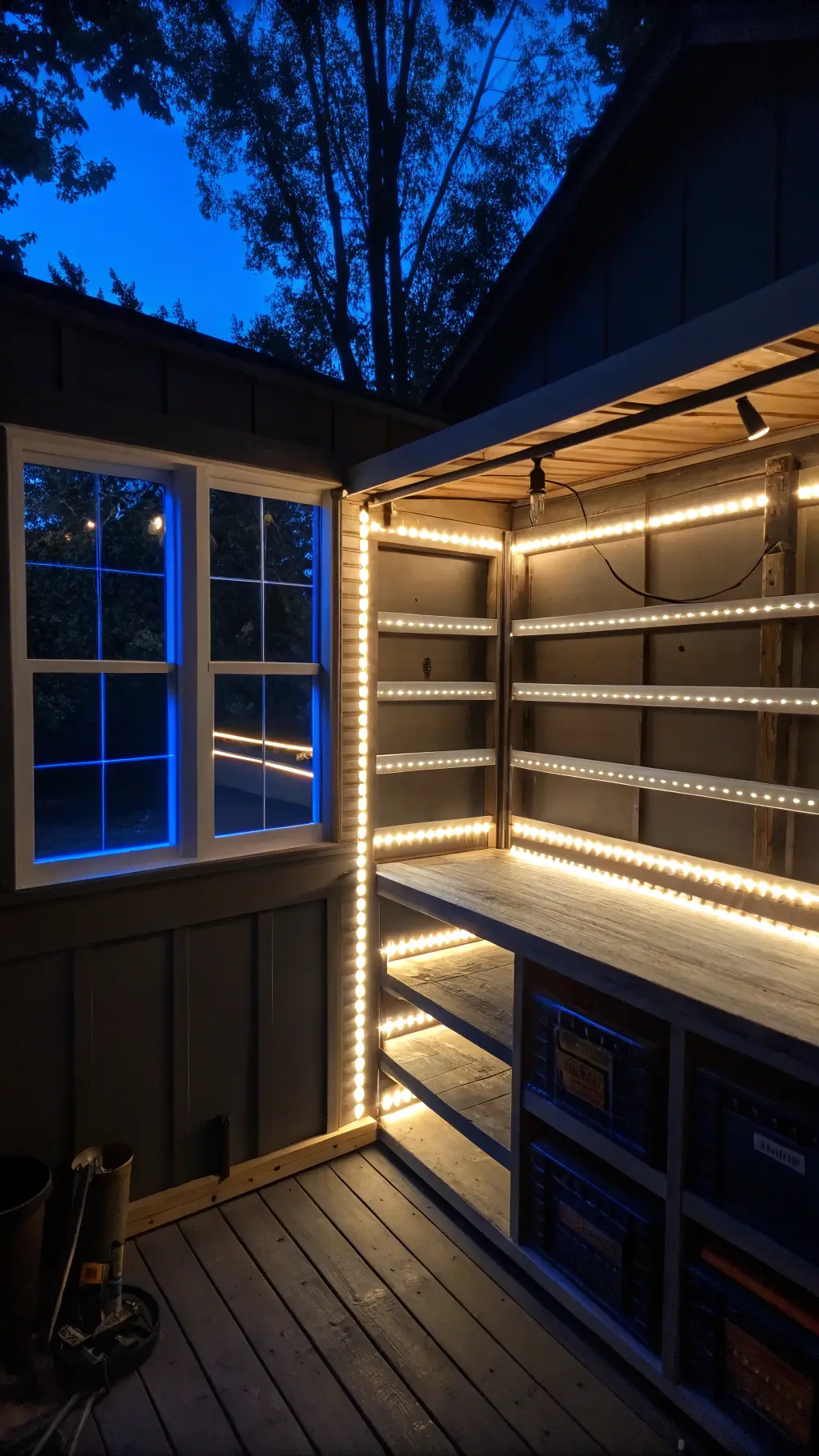Interior of a shed in the evening, showcasing diverse lighting design: LED strips illuminate under shelves, casting layers of light; a motion-sensor security light creates dramatic shadows; focused task lighting highlights a workbench; battery-powered accent lights brighten corners; ambient dark blue hour light filters through windows, captured in long exposure to enhance the lighting ambiance.