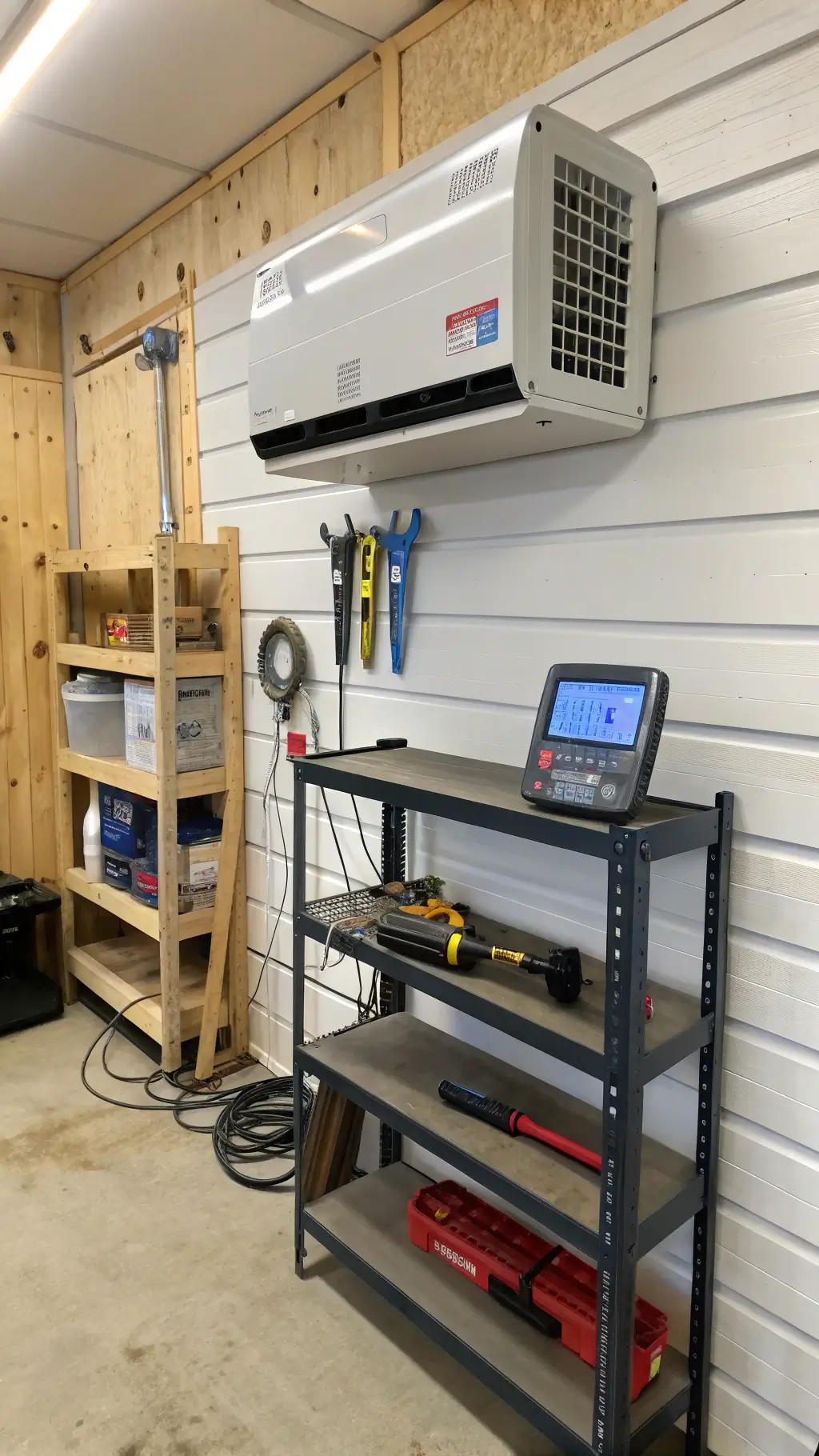 Technical workshop corner featuring a mini-split AC unit on a shiplap wall, a dehumidifier under custom shelves, a digital humidity monitor, and metal tool storage with moisture protection, all under cool task lighting.