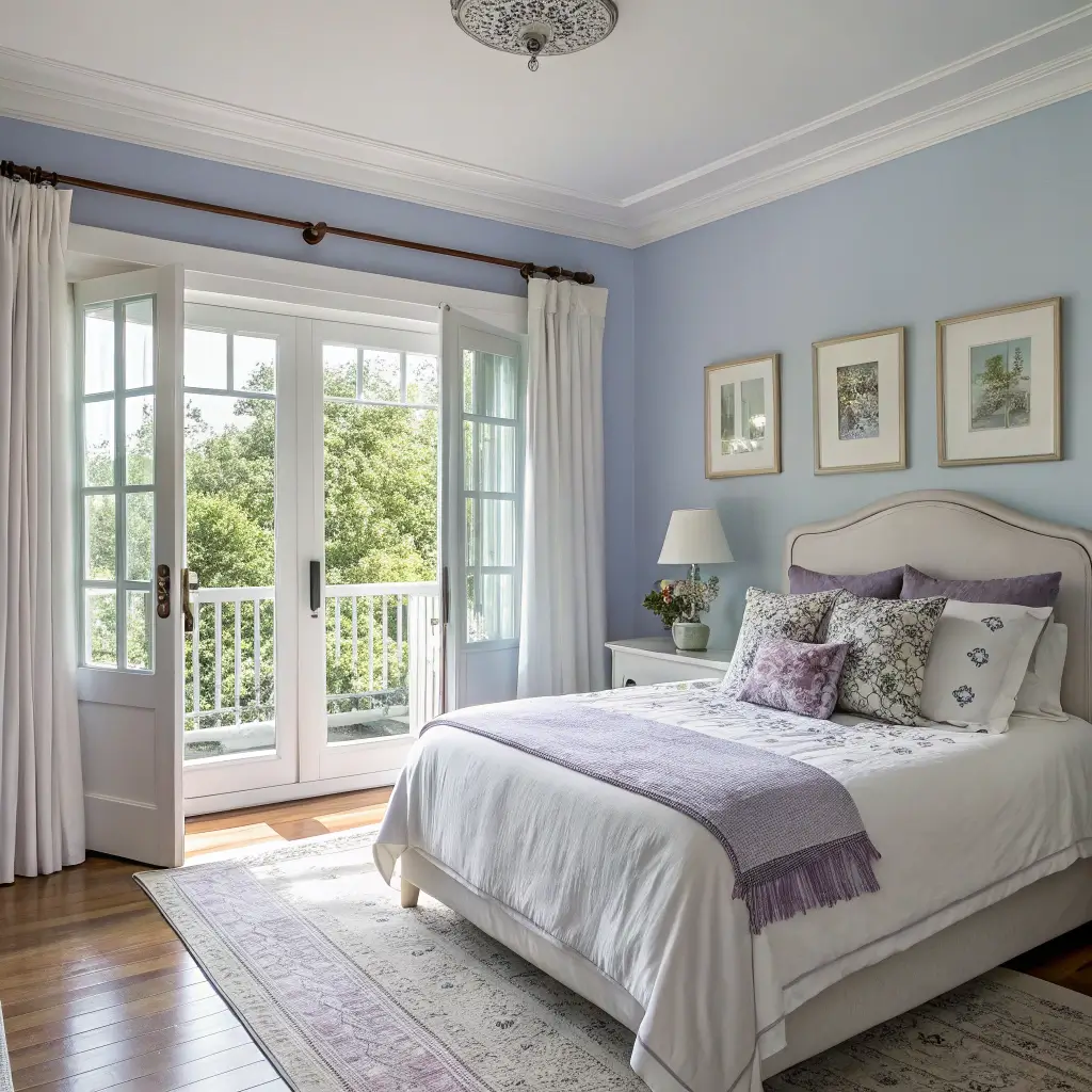 A serene bedroom with periwinkle walls and white trim, flooded with morning light, featuring a lilac headboard, white bedding, antique silver-framed botanical prints, and French doors with billowing gauzy curtains opening to a balcony.