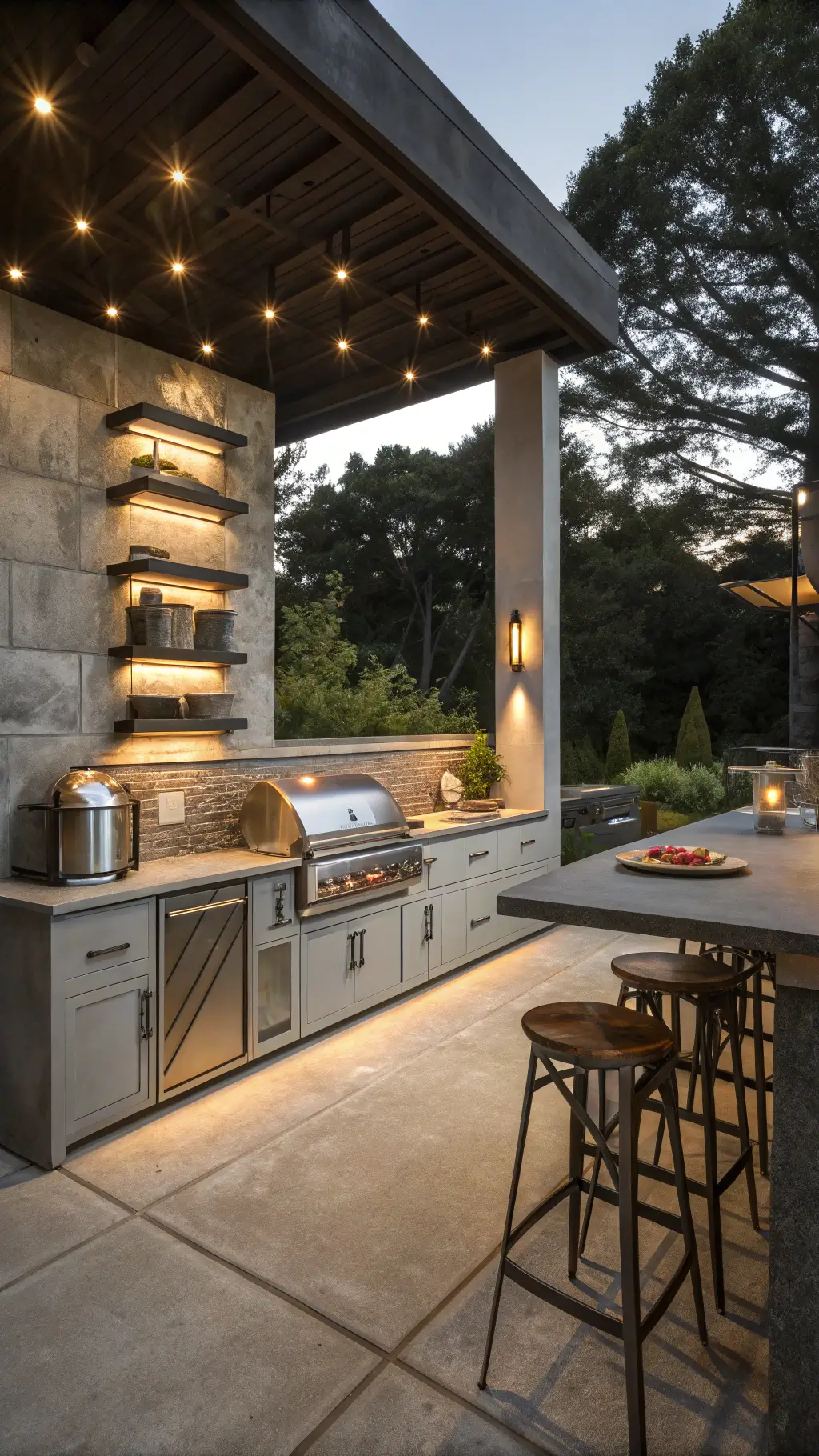 A modern outdoor kitchen at dusk with a professional 36-inch grill centered in a 20ft cooking wall, surrounded by weathered gray storage towers and floating steel shelves displaying copper cookware. Under-cabinet lighting casts dramatic shadows on textured concrete flooring. The scene includes bar seating for six transitioning into a lounge area, captured with a long exposure for balanced lighting. Modern Outdoor Kitchen with Sleek Design