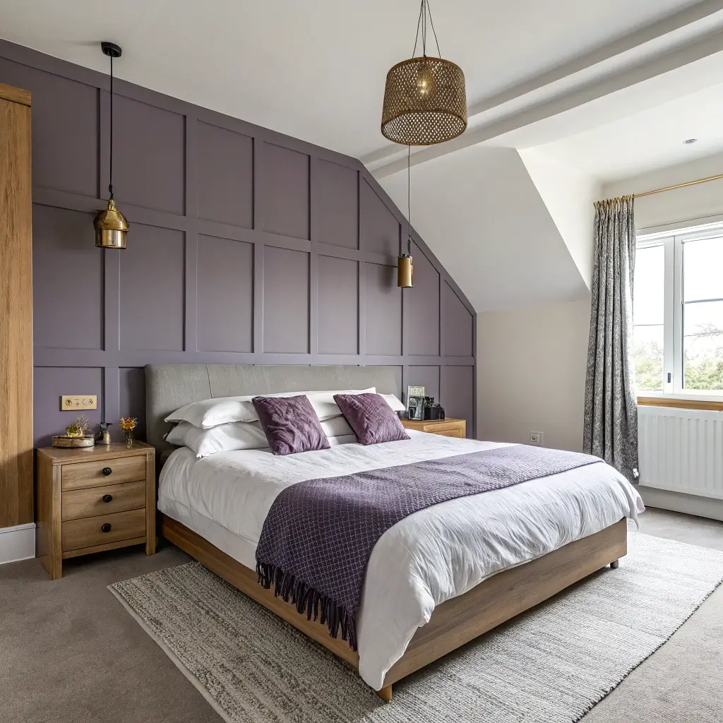 A contemporary 14x16ft bedroom at midday features a color-blocking technique with walls painted in sophisticated gray-purple and warm white. It includes a modern low-profile bleached oak bed with integrated nightstands, layered bedding of white linens, a mauve duvet, and geometric purple throws. Asymmetric brushed brass pendant lights hang from the ceiling. The room is illuminated by diffused natural light and ambient LED strips, highlighting the architectural details.