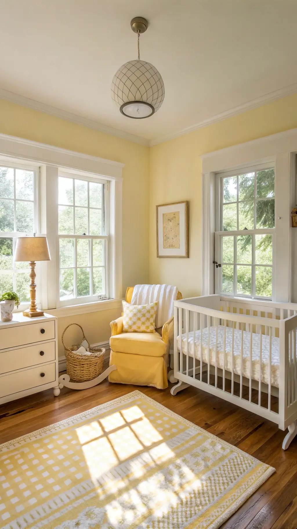 A sunlit nursery with soft yellow walls, a white crib, natural oak dresser, ivory rocking chair, and cloud decals, all warmly illuminated by morning light.