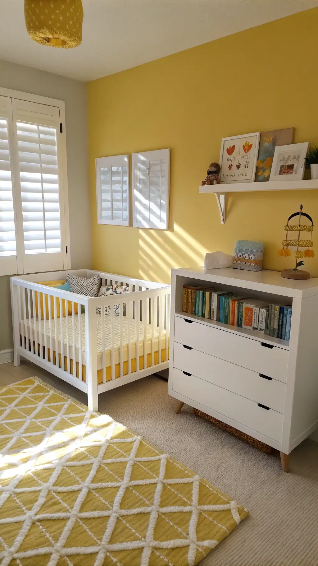 Alt text: Overhead view of a modern nursery with color-blocked yellow walls, showing shadows from plantation shutters. The room features an acrylic crib with yellow bedding, a white dresser with an abstract mobile, and a plush carpet with a yellow rug. Floating shelves hold yellow books and metallic decor.