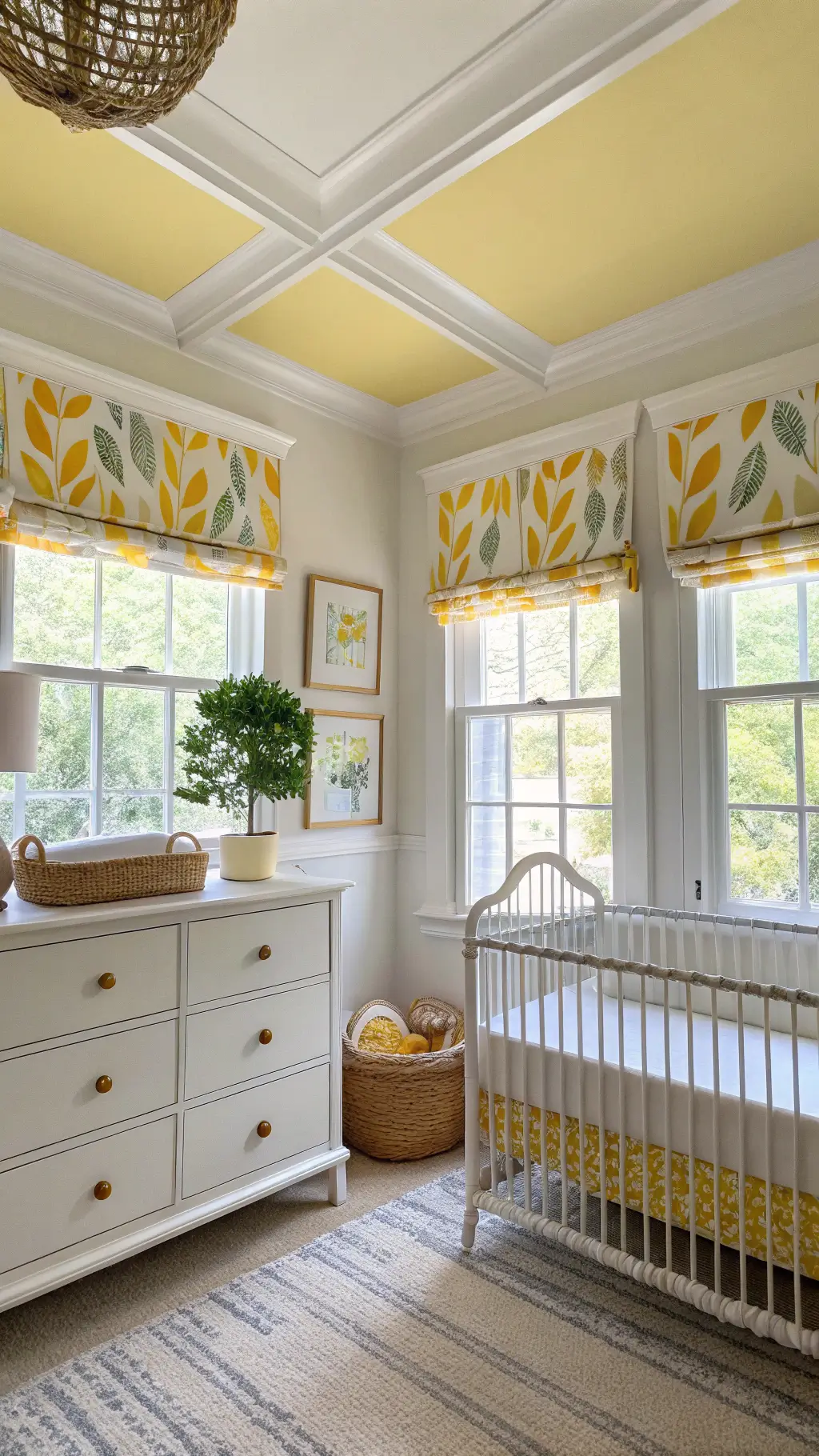 A whimsical nursery with a lemon grove theme featuring large windows with yellow and white striped roman shades, a white iron crib with citrus-print bedding, a pale yellow ceiling with white crown molding, a vintage cream dresser with yellow knobs, and citrus-themed decor.