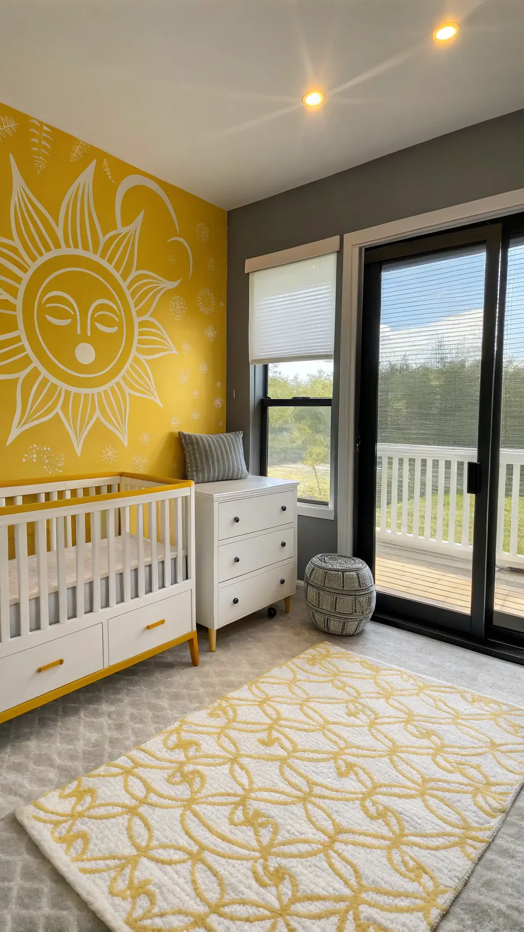 A contemporary nursery with a dramatic yellow accent wall featuring an oversized sun mural, gray crib with yellow piping, white dresser with geometric pulls, and floor-to-ceiling windows with white blackout shades.