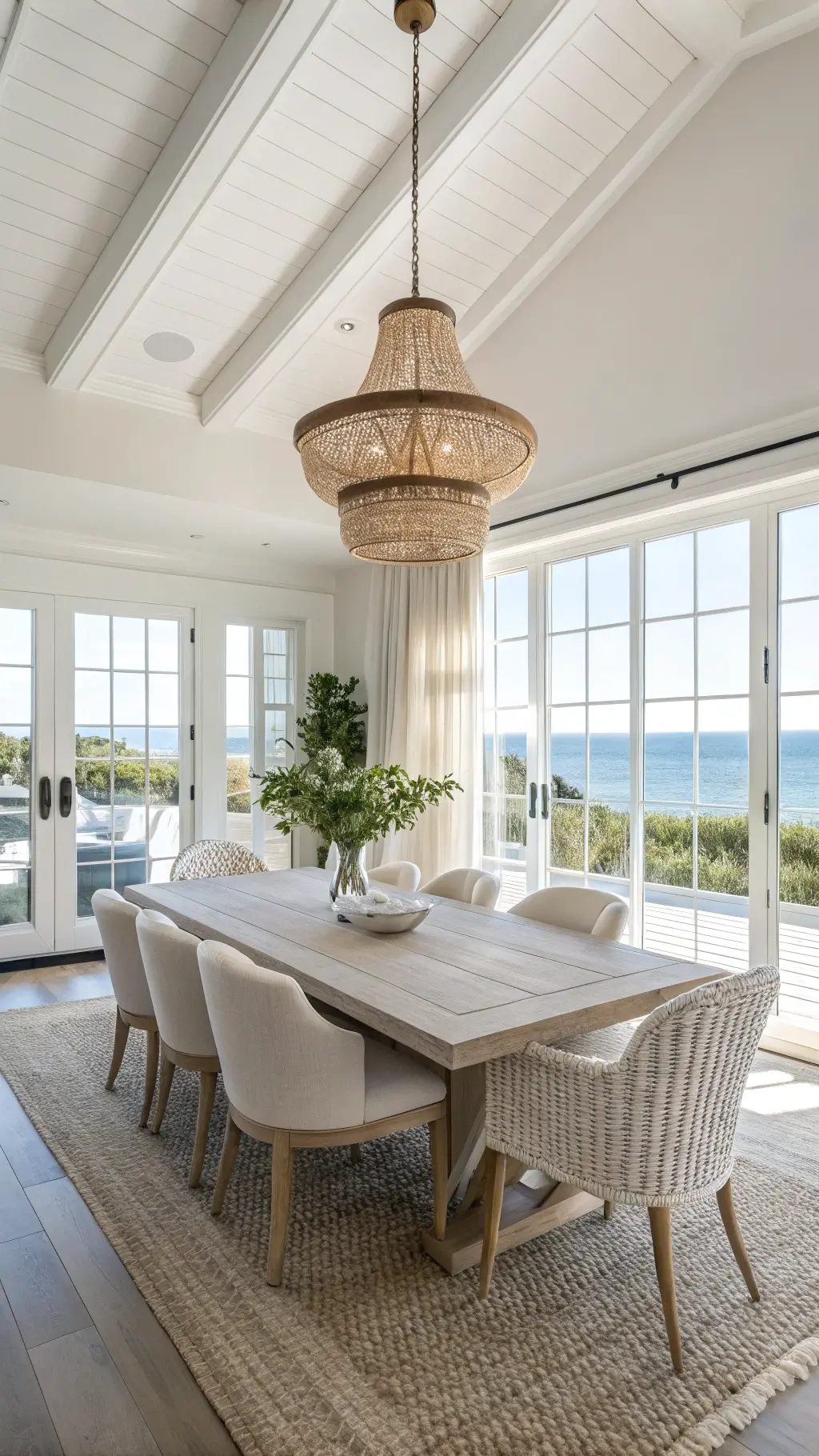 Modern Coastal Dining Room Design: Your 2025 Style Guide A bright coastal dining room at golden hour with white walls, high ceilings, and crown molding. A large whitewashed oak dining table is surrounded by modern chairs with cream linen seats and rattan backs. Sheer drapes filter window light onto a jute and sisal rug. A woven pendant light hangs above, while minimalist decor with glass vessels and ocean-themed accents complete the aesthetic.