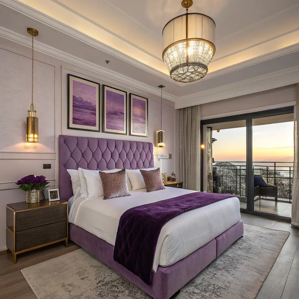 A cozy boutique hotel-style bedroom at sunset with pale lilac walls, abstract purple art, and a towering velvet tufted headboard. The king bed features white sheets, aubergine pillows, and a plum blanket. Warm glow from Art Deco brass lights and golden hour lighting.