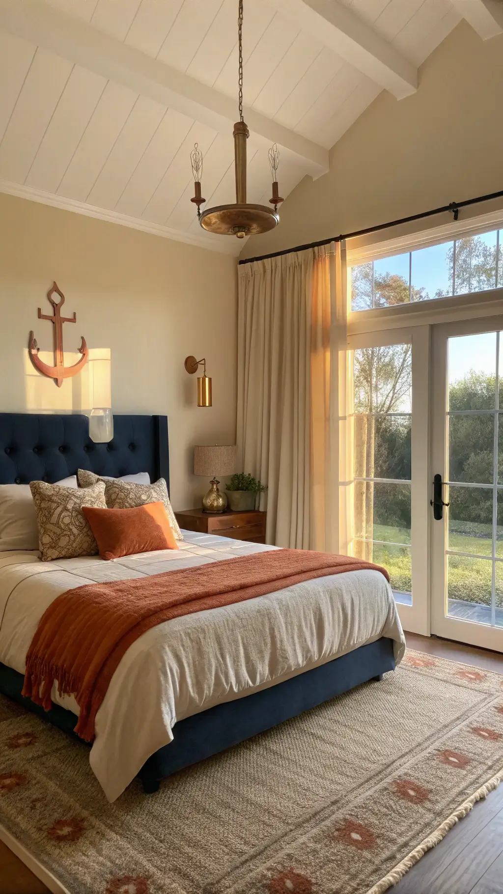 How to Transform Your Bedroom with Orange Accents? A serene bedroom interior with a large west-facing window letting in late afternoon golden light. The room features a king-sized bed centered on a burnt orange accent wall, adorned with cream linens and terracotta velvet pillows. A navy blue upholstered headboard adds contrast. Copper pendant lights hang asymmetrically beside the bed, and a textured jute rug is visible in the foreground.