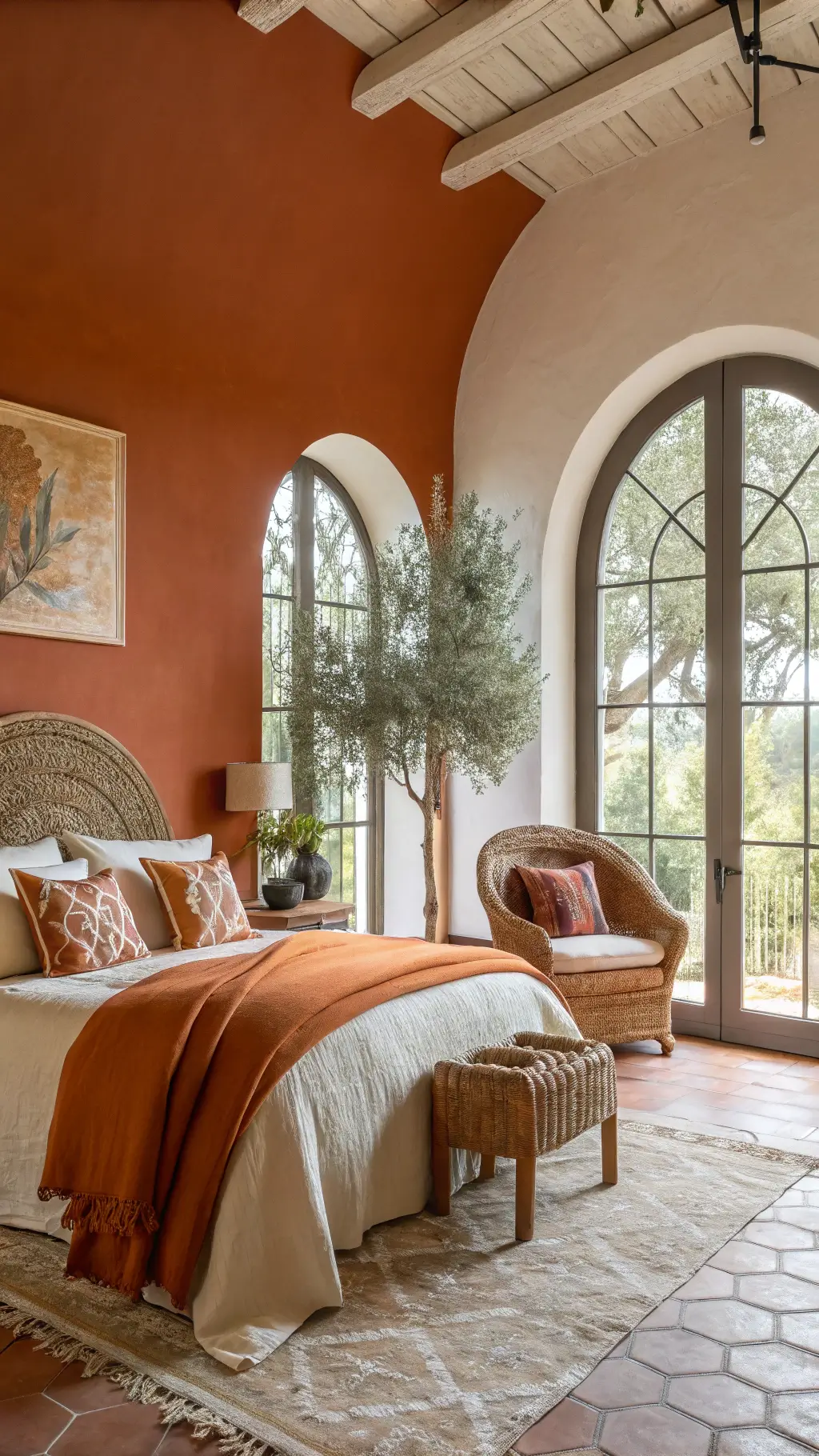 Mediterranean-inspired master suite: arched windows, whitewashed walls, terracotta feature wall, curved rattan chair with geometric throw, layered queen bed in cream, rust, and sand tones, potted olive tree, low angle emphasizing height, 24mm shot, diffused natural lighting.