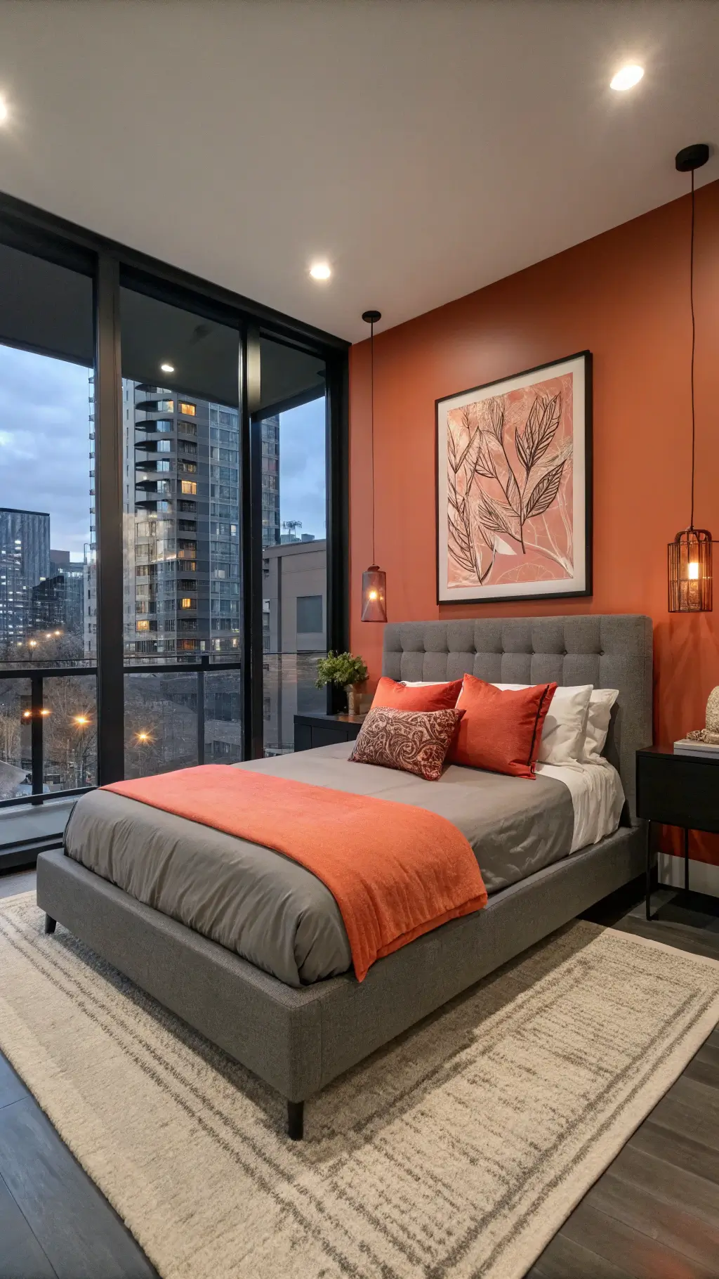 A contemporary minimal bedroom featuring a dramatic charcoal and coral color scheme. The 12x14ft space includes floor-to-ceiling windows showcasing an urban twilight view. The room has a platform bed with a gray linen headboard, coral bedding, and copper accent pillows. An abstract orange artwork spans the wall, complemented by matte black fixtures. The scene is shot from the corner at eye level, illuminated by moody artificial lighting intertwined with city glow.