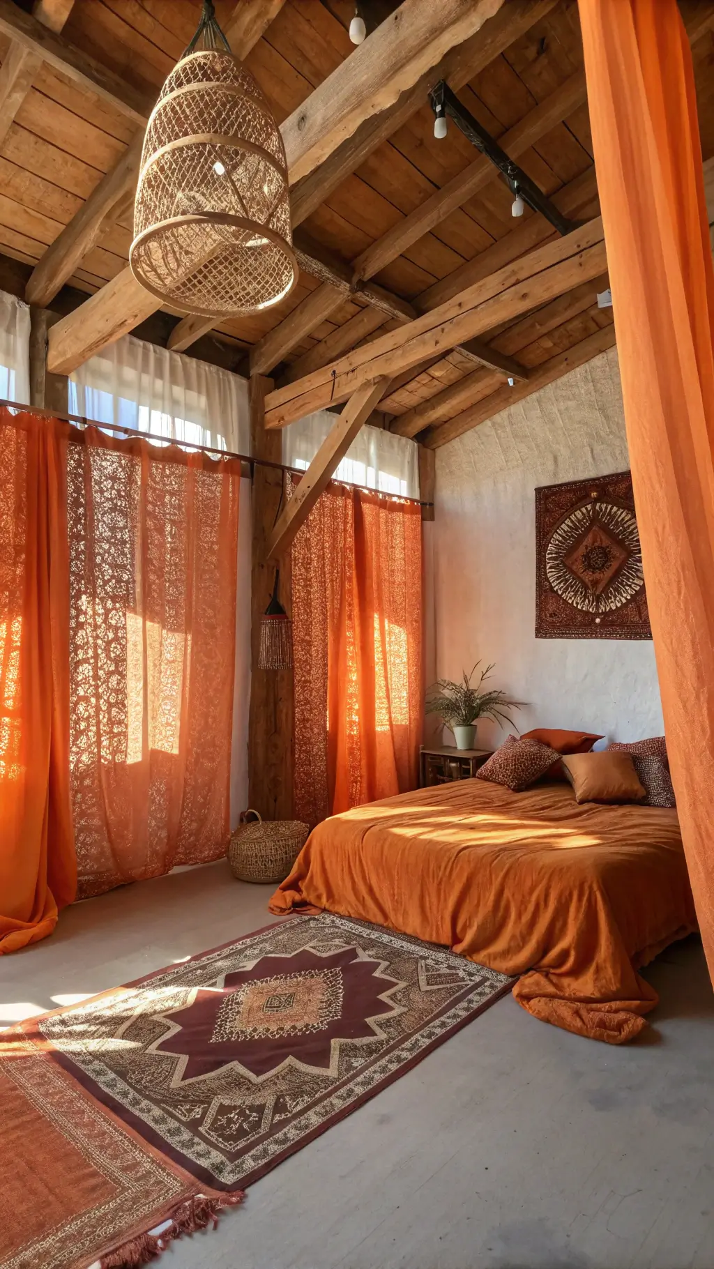A cozy 15x15ft boho-style room with wooden beams, featuring layered orange textiles, macramé curtains filtering morning light, and a rattan lamp casting intricate shadows.