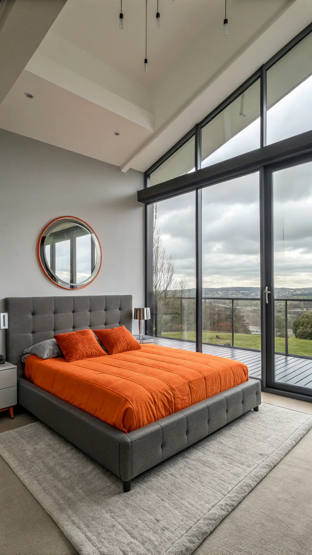 A modern bedroom with an orange and gray color scheme, featuring a low-profile bed with color-blocked bedding, floor-to-ceiling windows, and chrome accents.