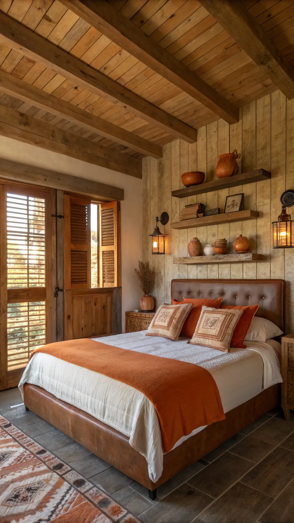 A cozy 14x14ft rustic room featuring a wooden plank ceiling and warm golden hour lighting filtering through plantation shutters. Central to the room is a king-sized bed with a brown leather headboard, adorned with orange and cream bedding. A collection of terracotta pottery is displayed on reclaimed wood shelving. Copper reading sconces add to the warm ambiance. The room is shot from a corner, emphasizing the rich textures and natural, inviting atmosphere.