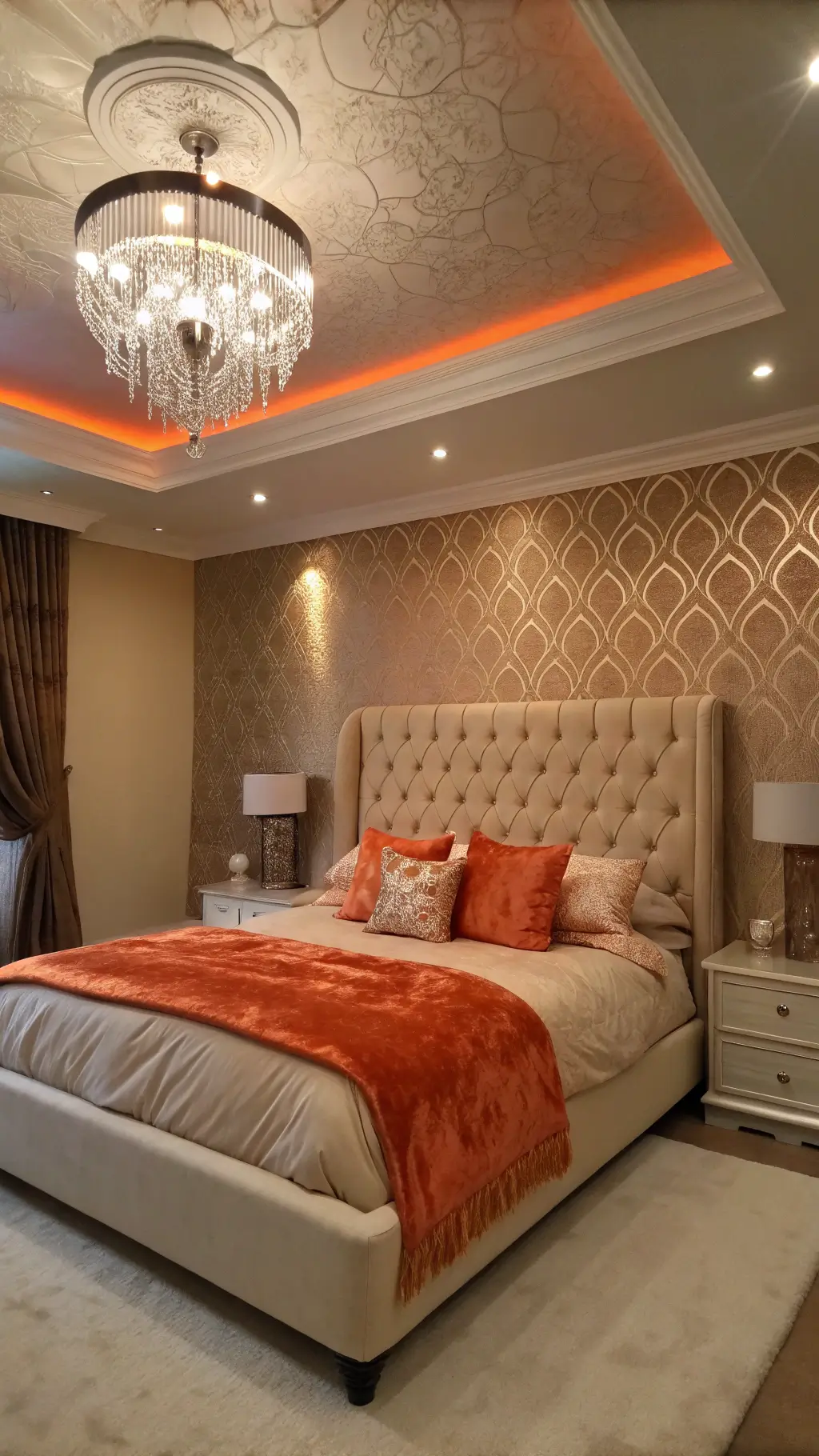 A luxurious boudoir in warm tones, featuring a 16x16ft space with a tray ceiling adorned by a central crystal chandelier. The setting is dimly lit for an evening ambiance, highlighting a cream upholstered bed dressed with coral silk bedding and a burnt orange velvet throw. Metallic wallpaper with a subtle orange pattern complements the decor. The photograph is taken from a low angle, emphasizing ceiling details and dramatic soft spot lighting.