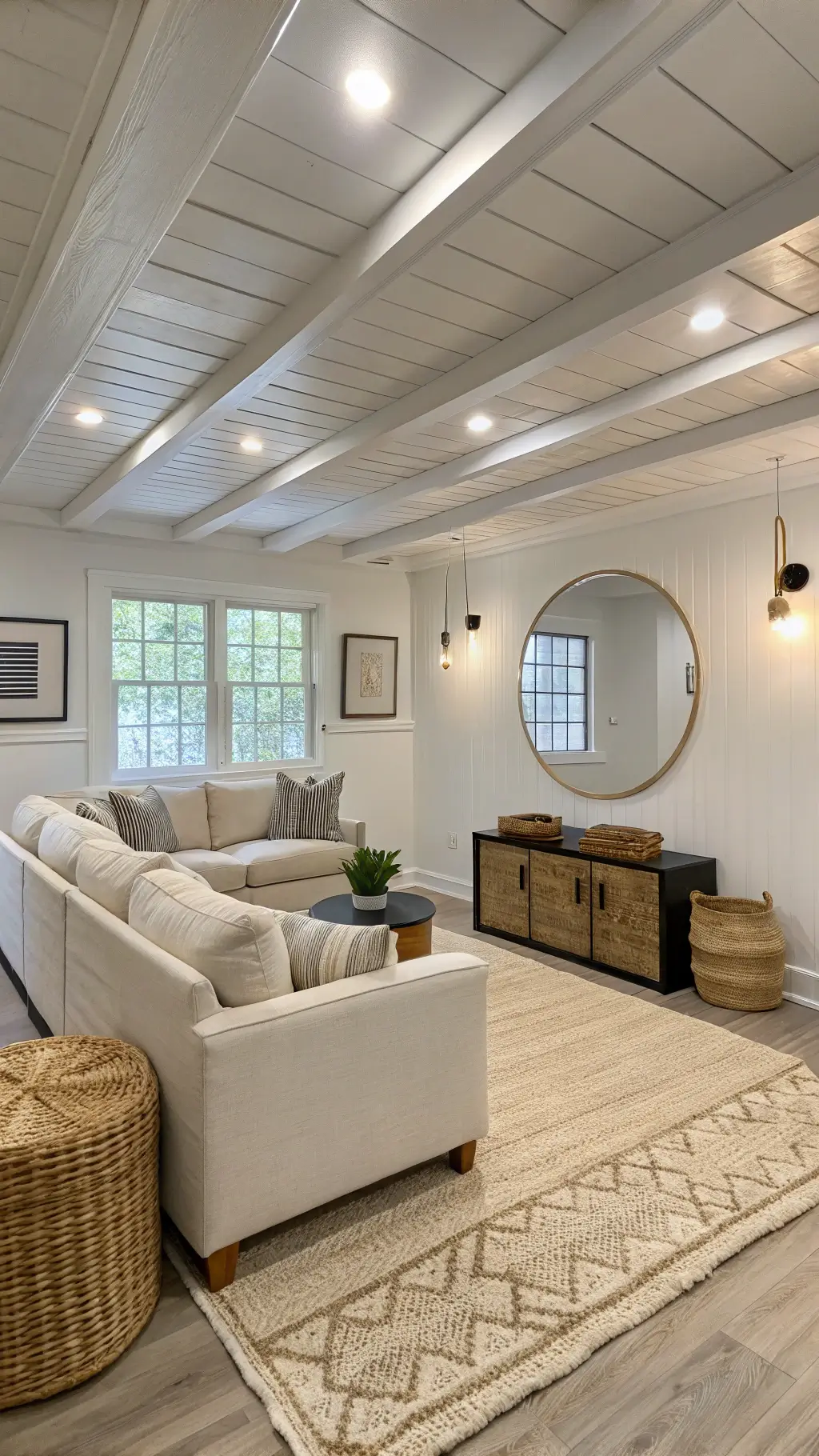 How to Change Your Dark Basement into a Brighter, More Inviting Space Bright modern basement living area with white exposed ceiling, recessed lights, brass sconces, large window with linen blinds, oatmeal sectional on ivory Moroccan rug, and accents like woven baskets and knit throws.