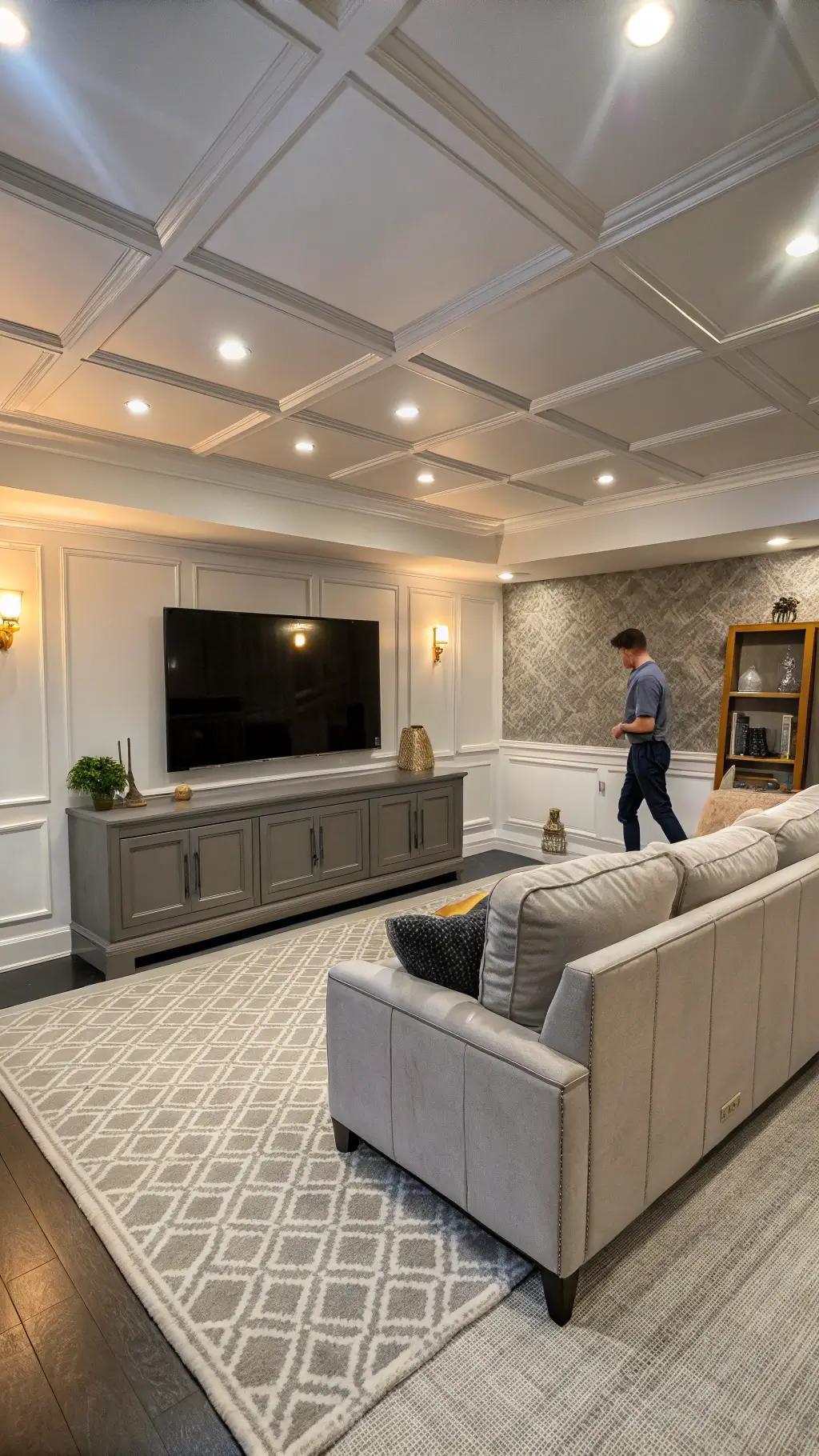Low-angle view of a basement media room at golden hour, featuring a glossy white ceiling, soft gray custom built-ins framing a 65-inch TV, modular velvet seating with a geometric rug, and a textured grasscloth accent wall, with uplighting to enhance the space using a wide-angle lens.