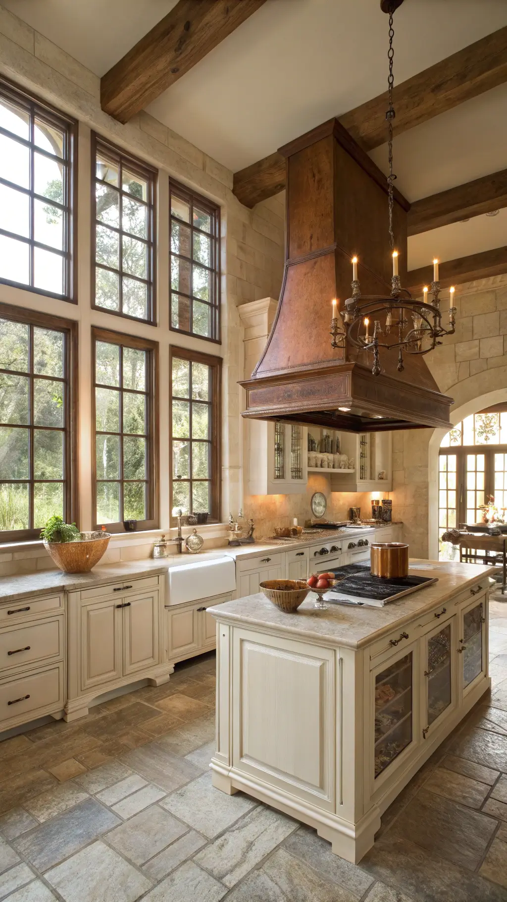 Sunlit kitchen with tall windows, showcasing a copper hood, cream cabinets, limestone walls, oak island, and copper pots under wooden beams.