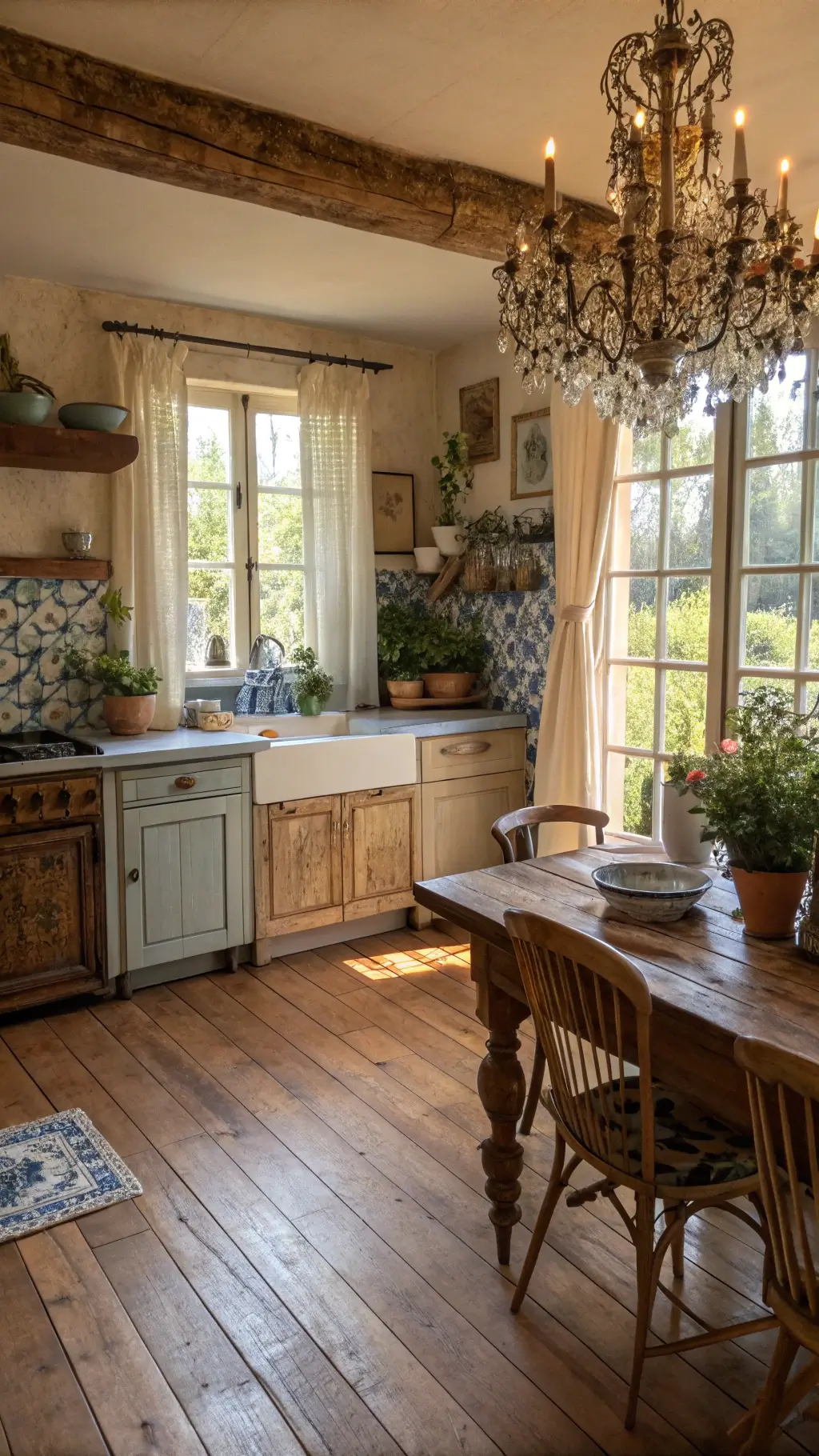 A cozy French country kitchen with warm golden light streaming through café curtains onto worn pine floors, highlighting a copper farmhouse sink and potted herbs under the window, with a blue and white tile backsplash and an elegant crystal chandelier above an antique farm table with bistro chairs.