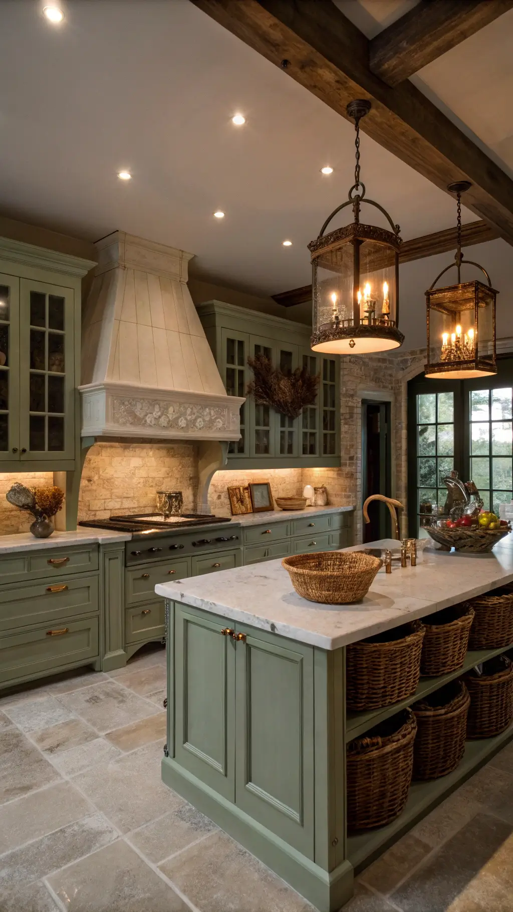A cozy evening kitchen scene featuring sage green cabinets with brass hardware, limestone countertops, and a carved limestone range hood. A vintage hutch displays French pottery and copper molds. Pendant lights illuminate a marble-topped island with woven market baskets below, creating dramatic shadows in the 18x22ft space with 10ft ceilings.